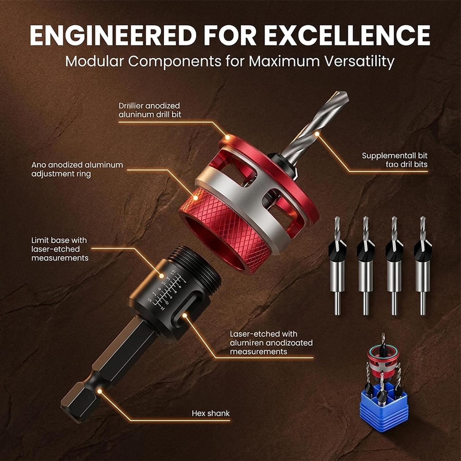 Woodworking Drill - Countersink Drill Bit Set With Adjustable